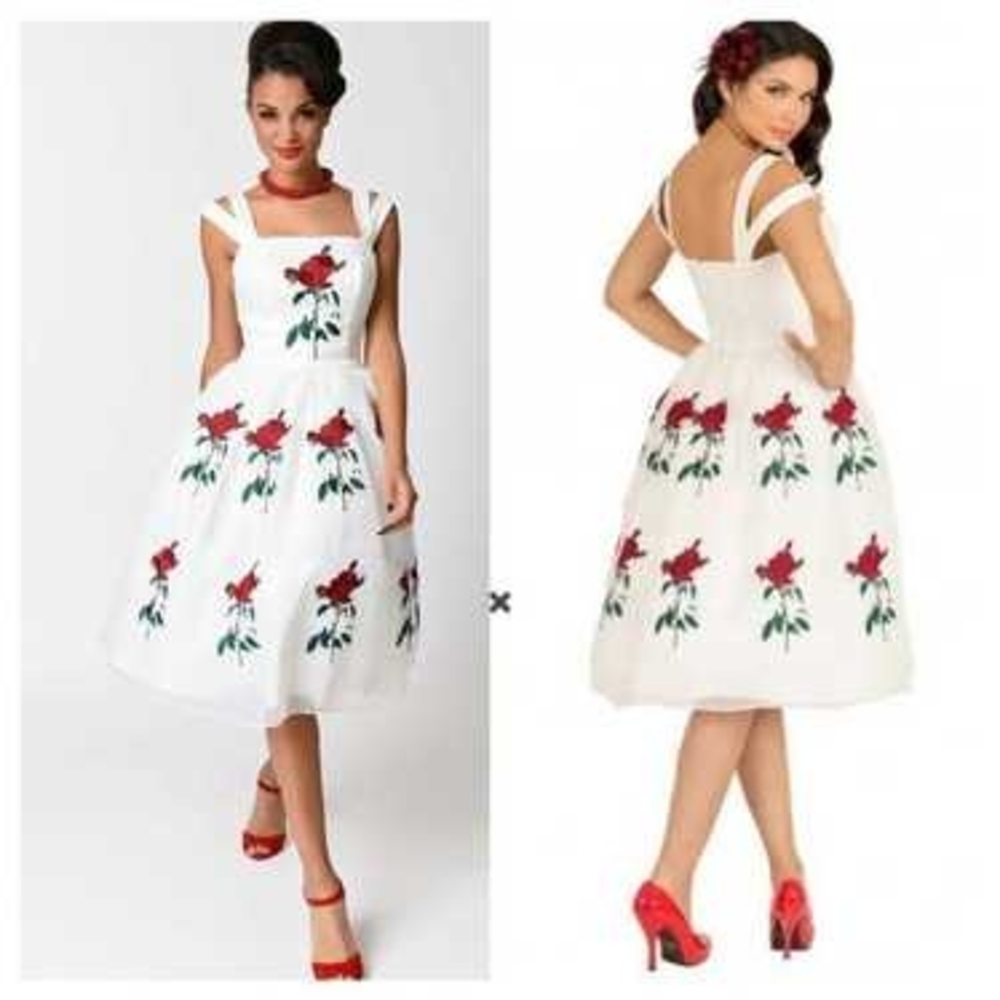 Elegant White Dress Red Floral Design Tatyana Rose Dress XS White Bella Pinup